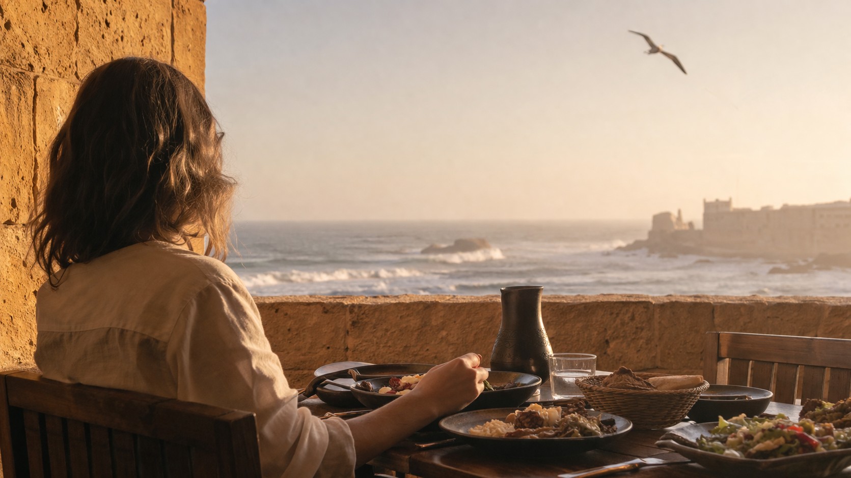 gastronomie à Essaouira au Maroc, table de restaurant avec plats marocains face à l’océan Atlantique au coucher du soleil, ambiance chaleureuse et élégante en bord de mer