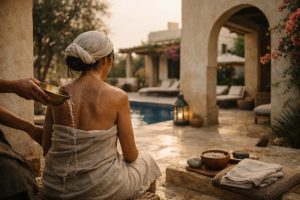 Hammam à Essaouira dans une villa de luxe au Maroc avec rituel bien-être authentique au coucher du soleil près de la piscine