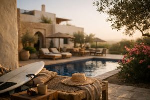 Surf à Essaouira dans une villa près de l’océan au Maroc avec planche de surf au bord de la piscine pendant la golden hour