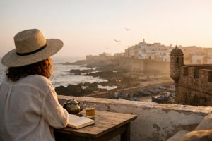 Visiter Essaouira au Maroc depuis une terrasse avec vue sur la médina et l’océan pour un premier séjour réussi